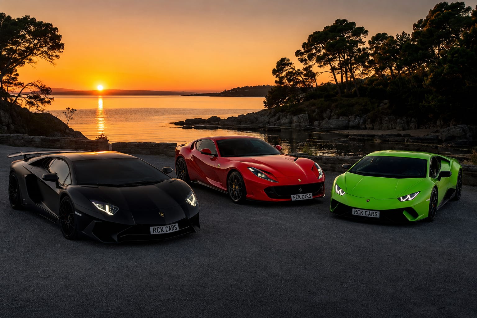 Three supercars wearing RCK Cars plates at sunset